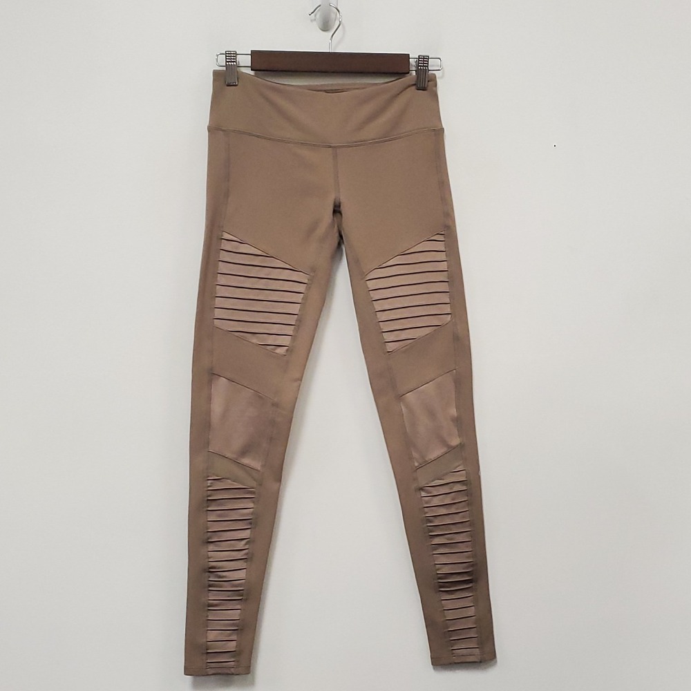 Alo Womens Stacked Pull On Tapered Leggings Size S Beige Low Rise Athletic Gym